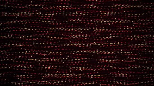 Binary digits flowing in wavy digital background with motion blur, front view, red, glowing
