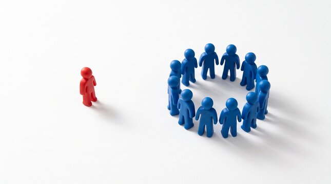 Red figure standing apart from blue figures in a circle, concept of individuality and exclusion, unique person separated from the group