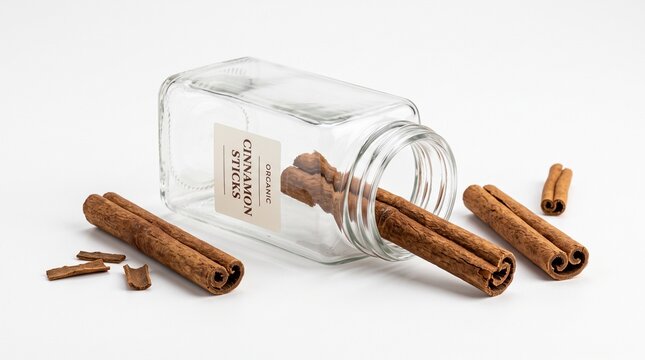Aromatic cinnamon sticks spilling from glass spice jar, organic cinnamon bark on white background, culinary seasoning for baking and cooking
