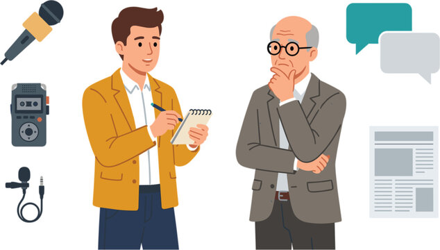 Journalist interviewing senior man taking notes with microphone voice recorder lavalier mic and newspaper icons vector illustration set