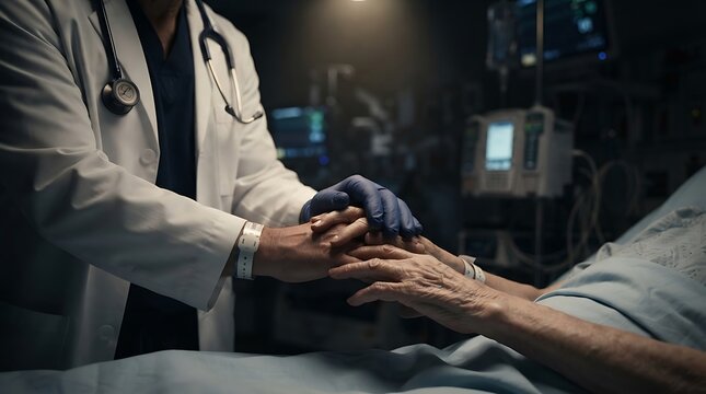 Compassionate doctor holding patient hand in dark hospital room, medical empathy and palliative care, healthcare professional comforting elderly patient