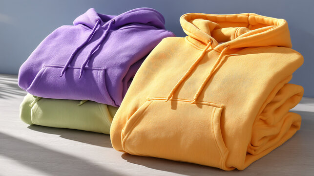 Stack of colorful cotton hoodies folded on surface with clothing, colorful