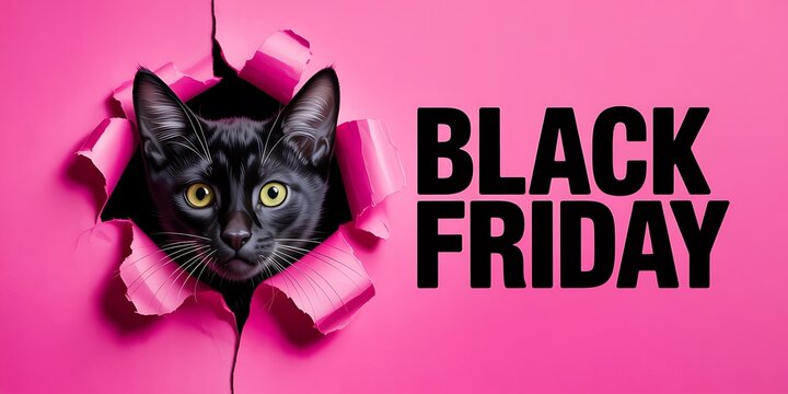 Black friday sale concept with a black cat head peeking through a torn hole in pink paper