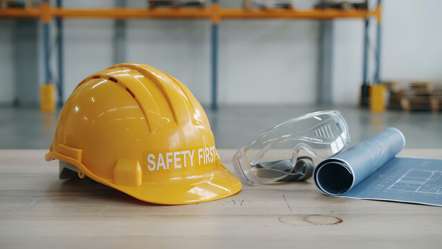 Yellow hard hat with safety glasses and blueprints on a wooden surface during work