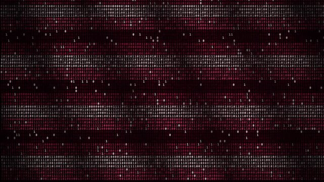Binary code scrolling across dark digital screen in horizontal bands, horizontal movement, static view, red