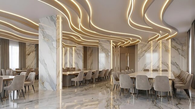 A sophisticated high-end banquet halls venue featuring elegant marble interiors, modern wavy ceiling lighting, and luxurious dining table arrangements.