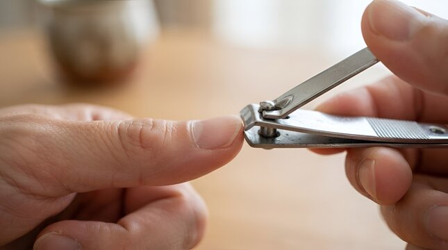 Close up of a person using a metal nail clipper to trim fingernails on a thumb, focusing on the sharp blades and the nail being cut carefully
