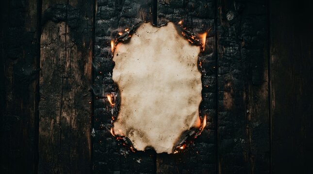 Blank piece of aged parchment paper with burnt edges surrounded by flames on a dark, charred wooden surface with a rustic texture