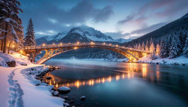 Snowy bridge landscape