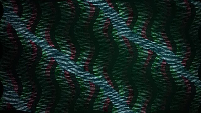 Binary code rippling on dark surface with diagonal sweep, wave motion, front view, green