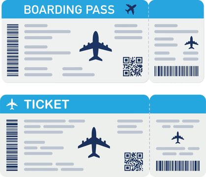 Airline boarding pass flight tickets set with barcode qr code airplane icon and seat trip reservation details