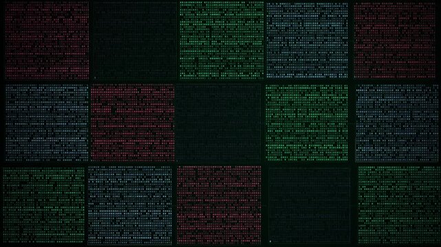 Matrix of code panels cycling across digital grid with color shift, static view, tiled, green