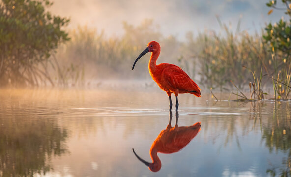 A single Scarlet Ibis standing in shallow mirror-like wetlands at first light