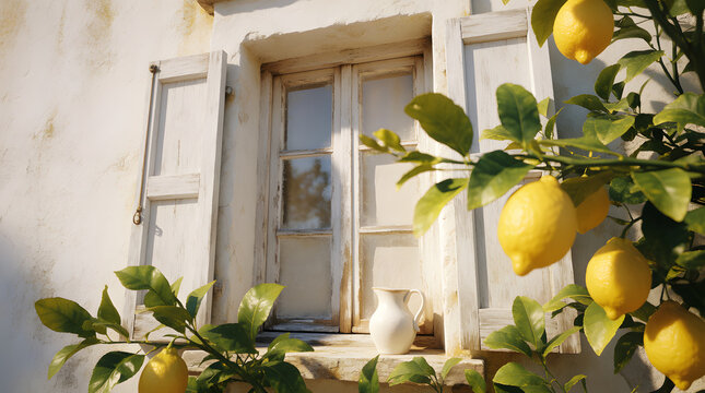 Rustic Italian Window Framed by Blooming Lemon Branches