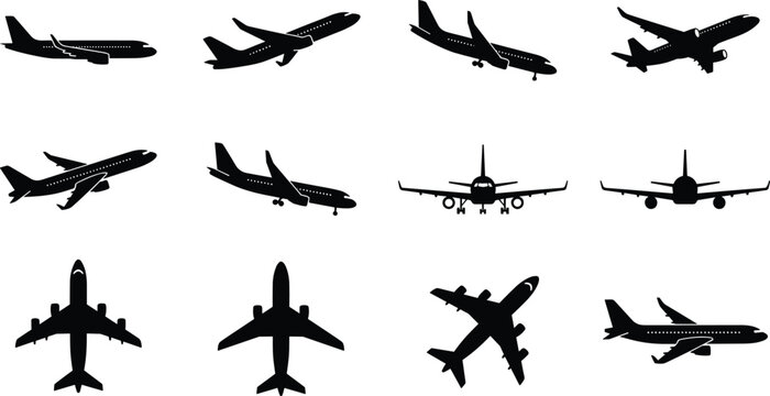 Airplane silhouette vector illustration set featuring multiple flight angles, side views, top perspectives, ascending, descending, and level flight positions