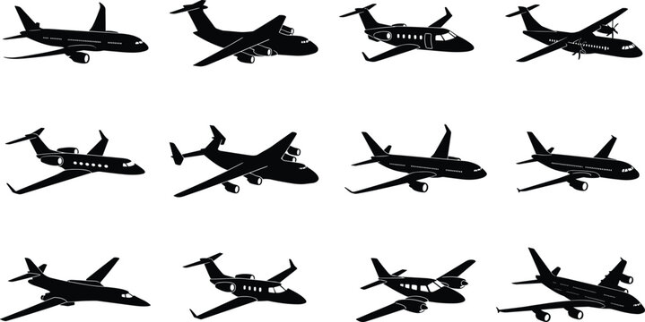 Airplane silhouette vector illustration set featuring multiple flight angles, side views, top perspectives, ascending, descending, and level flight positions