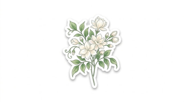 White flower botanical illustration with green leaves on a light background for nature and gardening themes
