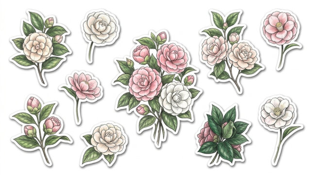 Collection of delicate pink and white camellia flowers with green leaves showcasing elegant floral design for decoration or crafting