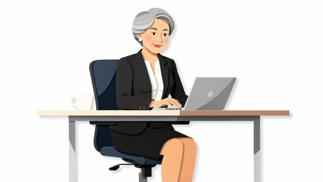 Professional businesswoman working on laptop at desk in office workspace with modern decor and bright lighting