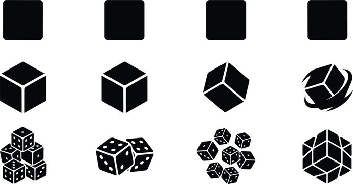 Cube transformation vector illustration set showing progression from 2D square to 3D cube, rotation, dice clusters, and geometric design