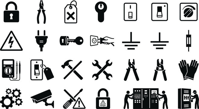 Electrical safety silhouette vector illustration set featuring tools, hazard signs, locks, gloves, panels, maintenance, and protective equipment
