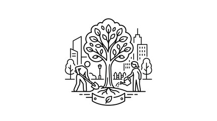 Creative Black and White Line Drawing of Urban Tree Planting with Community Involvement and Cityscape © rita ambarwati