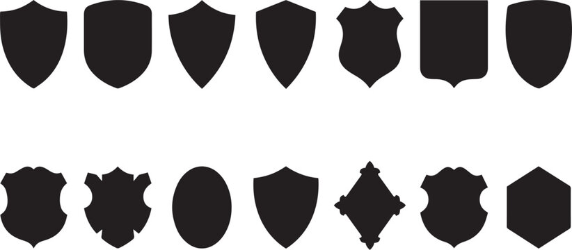 A collection of various heraldic shield shapes and emblem designs presented in a clean and minimalist black graphic style silhouette