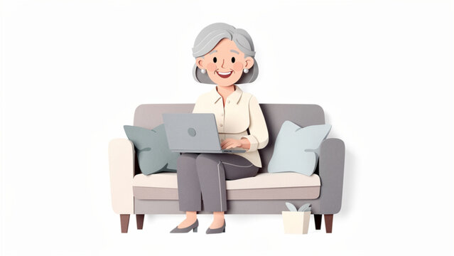 Happy senior woman using a laptop sitting on a cozy sofa with cushions in a relaxed home setting for technology and leisure imagery