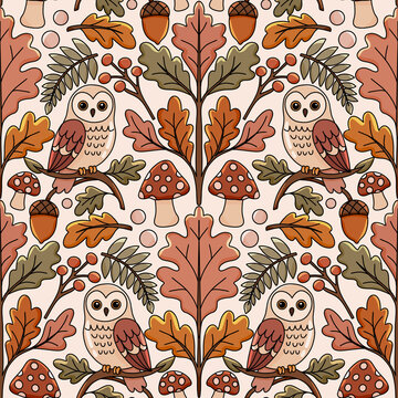 Autumn woodland seamless pattern with cute owls oak leaves mushrooms acorns and berries in cozy cottagecore folk art style