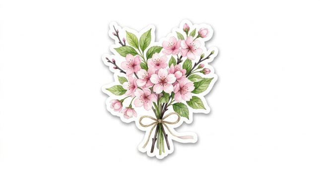 Delicate pink cherry blossom bouquet with green leaves and white background perfect for spring or floral decoration