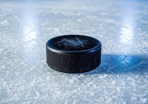 A black vulcanized rubber hockey puck sits alone on a textured indoor ice rink, showing fine skate blade scratches and cool blue reflections, black, hockey, friction
