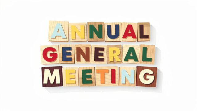Colorful wooden blocks spelling annual general meeting in a creative arrangement for corporate event or conference backdrop