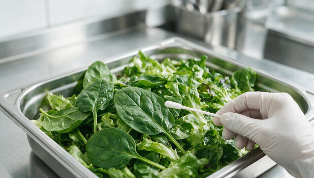 Gloved hand swabbing fresh spinach leaves for food safety testing. Quality control inspection for cyclosporiasis contamination in commercial kitchen