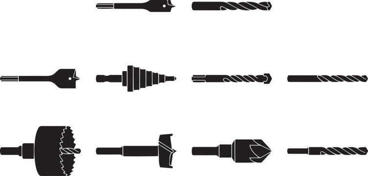 A collection of various woodworking drill bits and hole saws displayed as a clean and simple black and white graphic silhouette
