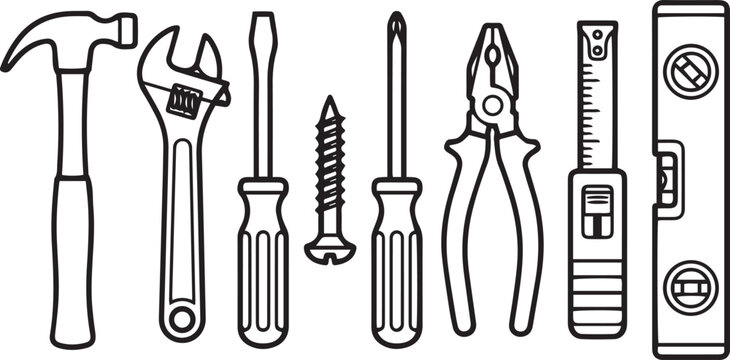 A collection of various construction and repair hand tools arranged in a row presented as a clean black and white silhouette