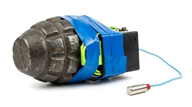 Hand grenade with improvised explosive device components isolated on white background