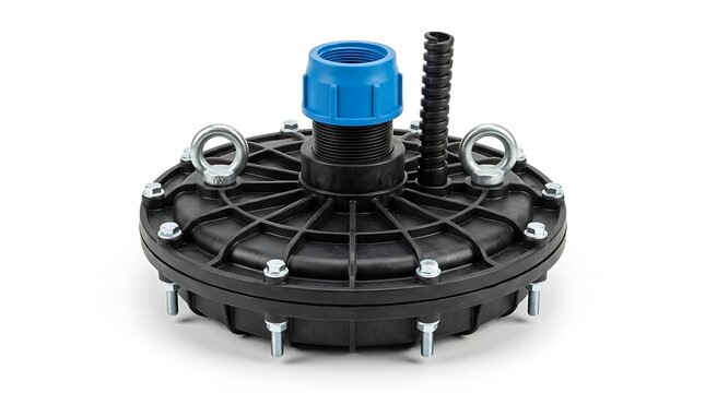 Industrial plastic sump pump cover component with steel bolts on a clean white background