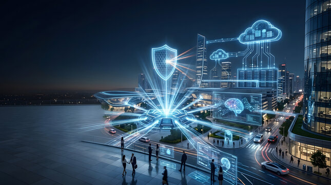 Futuristic city with glowing digital network and cybersecurity shield