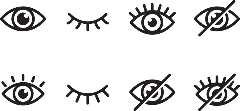 A set of various eye icons representing vision and sight states displayed in a simple and clean black graphic silhouette