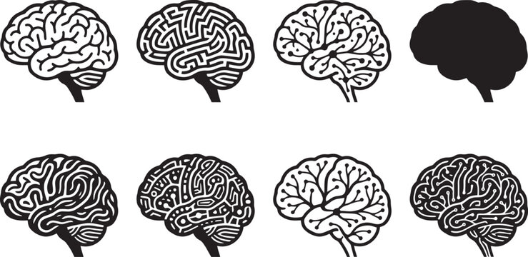 A collection of human brain illustrations featuring various line art styles and a solid black filled brain silhouette