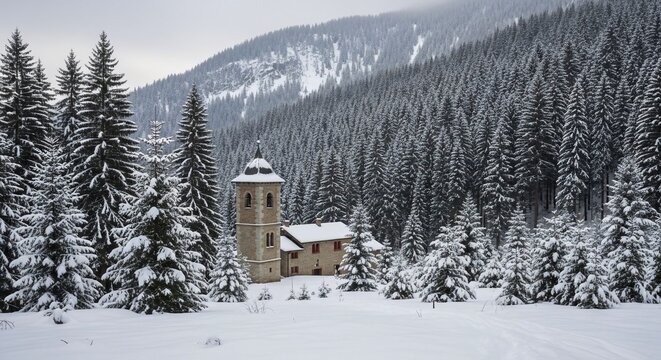 Snowy mountain landscape with building