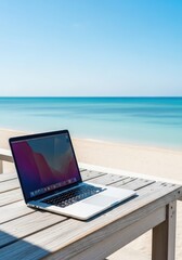 Obraz premium A modern laptop rests on a rustic wooden table at an outdoor oceanfront cafe overlooking calm turquoise waters and white sand under a clear sunny sky, bright, restaurant, sand
