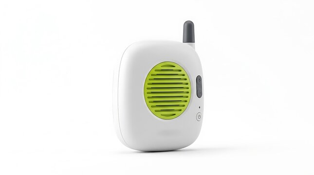 Modern Baby Monitor Device with Green Speaker Grill Isolated on White Background Studio Shot