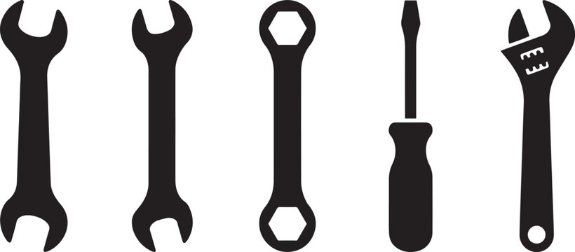 A collection of various industrial repair tools including wrenches and a screwdriver presented in a clean black and white graphic silhouette