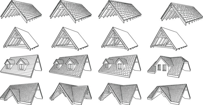 Roof design vector illustration set featuring pitched roofs, gables, dormer windows, shingle  structural frameworks,  architectural styles