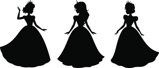 Black silhouette set of beautiful princess wearing elegant ball gown dress and tiara crown isolated on white background vector. © ASDF