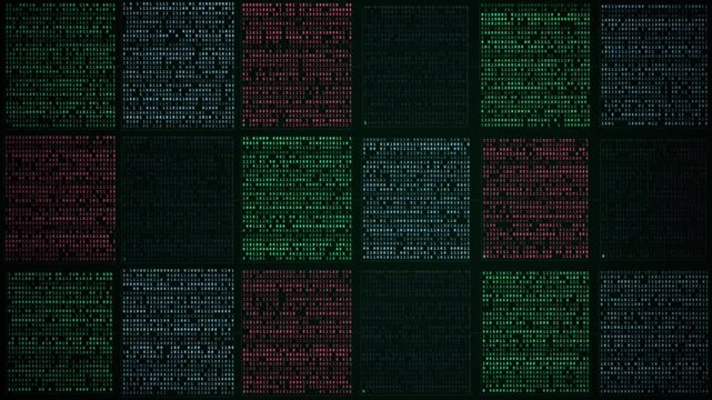 Digital panels cycling color patterns in dark grid with color transition, color changing, front view, multicolored