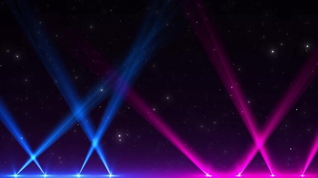 Blue and pink stage light beams over a dark starry scene with glowing haze and concert mood