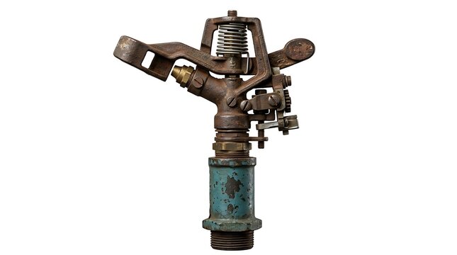Vintage metal water sprinkler head isolated on white background for garden irrigation