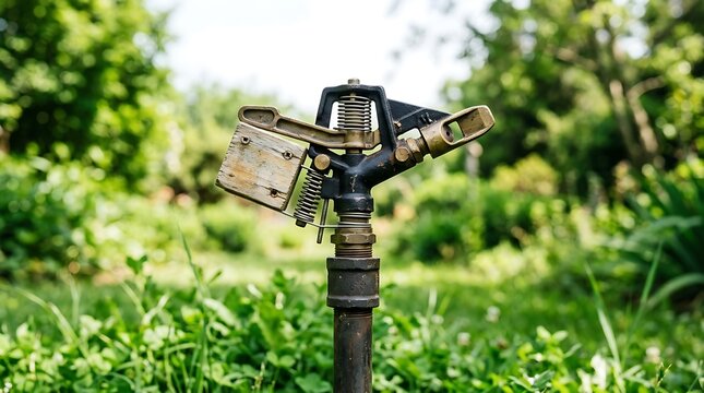 Vintage metal garden sprinkler in a lush green backyard summer setting for lawn care
